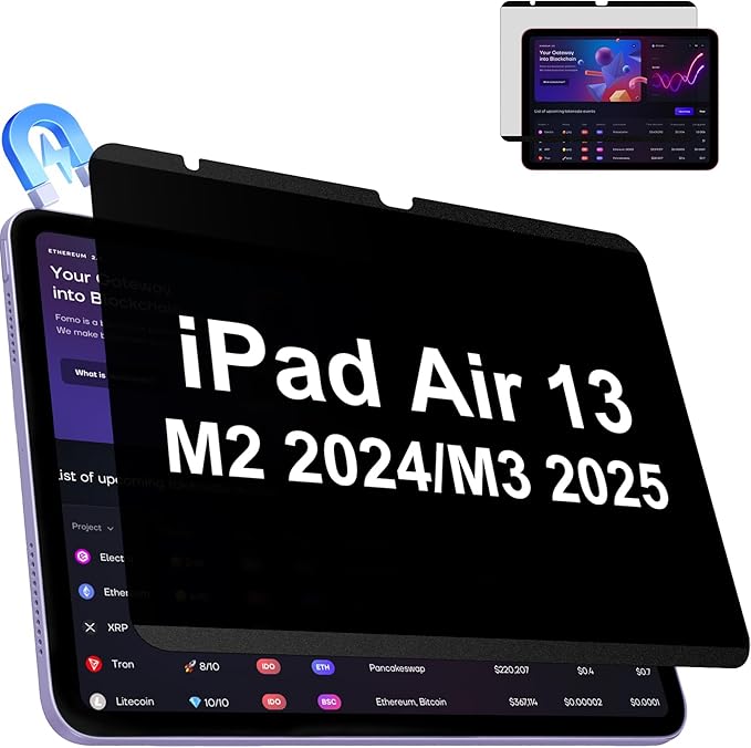 IPROKKO Magnetic Privacy Screen Protector Compatible With iPad Air 13 Inch M4 M3 M2 (2026 2025 2024, 8th 7th 6th), Removable Anti Blue Light Glare Spy Private Filter Black Security Screen Cover for School Office Cafe