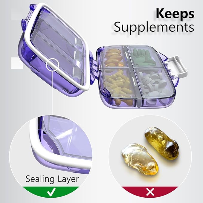 Travel Pill Organizer - Moisture Proof Portable Vitamin Holder with 7 Compartments, Compact Supplement Case for Purse Essential Medicine Kit fot Traveling Pocket Pharmacy with Labels, Purple