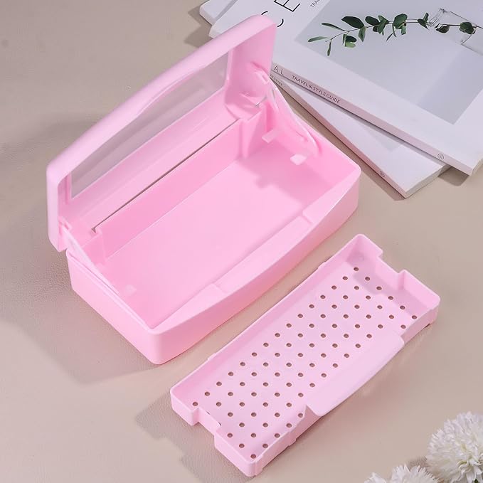 Nail Tool Sterilizer Box Plastic Disinfectant Container for Nail Art Accessories Tools, Sterilizer Soaking Box with Strainer Pedicure Manicure Cleaning Equipment, Pink
