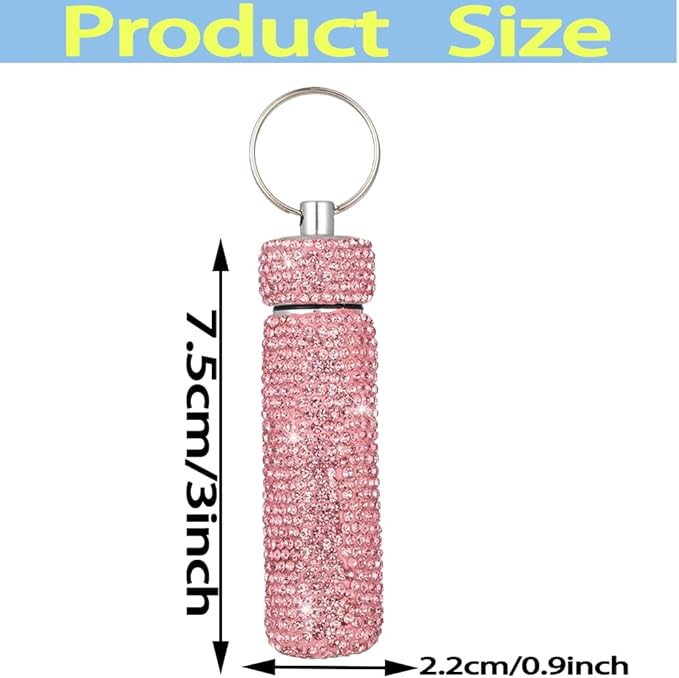 Bling Rhinestone Pill Case Portable Waterproof Pocket Pill Holder Bottle Storage with Keychain for Travel, Outdoor, Camping (Pink)