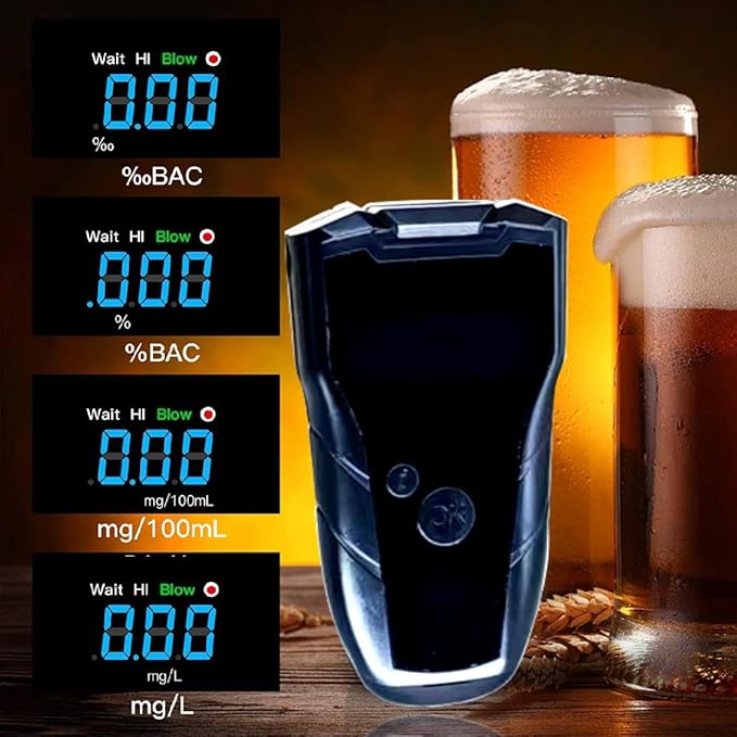 Rechargeable Breathalyzer with Auto Flow detect & auto Cleaning Feature, 200 Memories and Big View Area Display Visible at Night