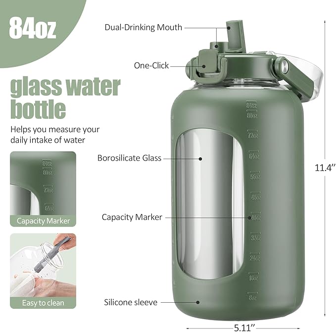 BLUEGO 84oz Glass Water Bottle with Straw and Handle, Large Water Bottle with Sip & Chug Lid, 2.5L Water Jug Silicone Sleeve with Time, Full Day Drinking Bottle for Sports BPA Free, Olive
