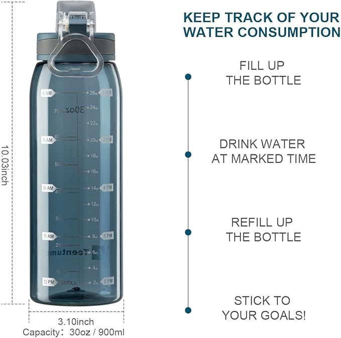 Time Marker Water Bottle Gym, 30oz Large Durable Transparent Bottle for Workout Sport Travel Water Tracker Blue (Pack of 1)