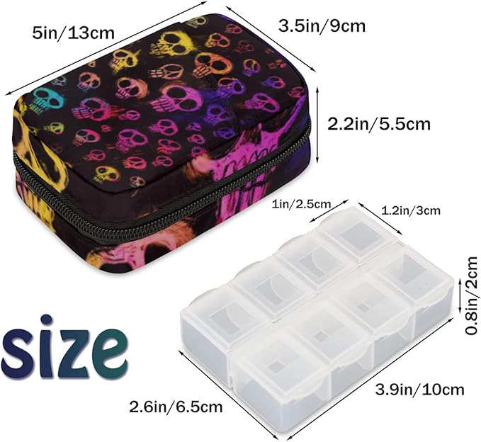 Skulls Halloween Pill Case Weekly Medicine Organizer with Travel Bag Seven-Day Pill Box Vitamin Supplement Box Fish Oil Pills Holder