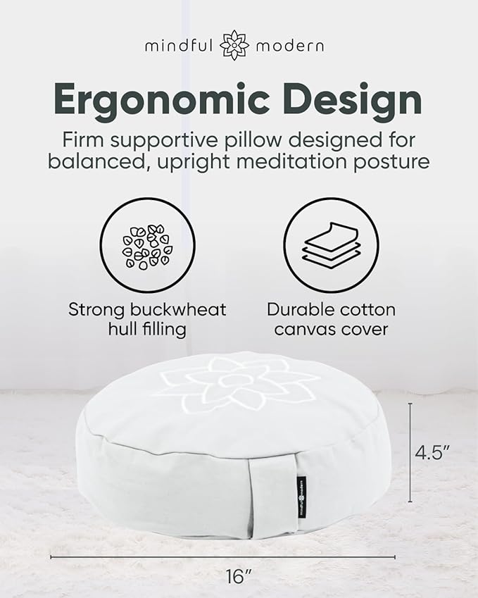 Mindful & Modern Large Meditation Cushion for Zafu Yoga - Meditation Pillow for Sitting on the Floor - Buckwheat Hull Filled Yoga Cushion with Removable, Washable 100% Cotton Cover and Carry Handle