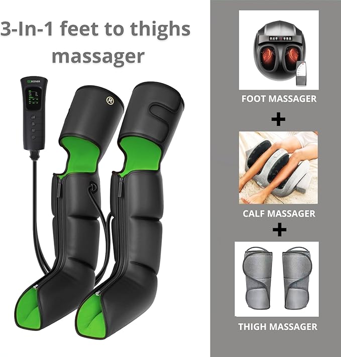 Leg Compression Massager with Heat for Circulation and Pain Relief, 3-in-1 Foot, Calf & Thigh Recovery System, Compression Boots for Lymphedema, Swollen Legs & Edema