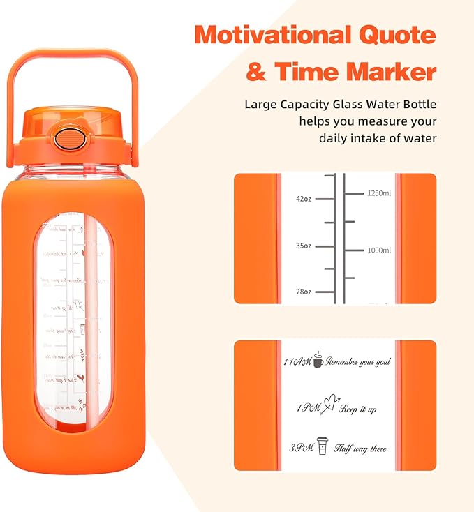 Glass Water Bottle with Straw and Handle Lid Half Gallon Motivational Glass Bottle with Silicone Sleeve and Time Marker Large Reusable Sports Water Jug for Gym Home Workout