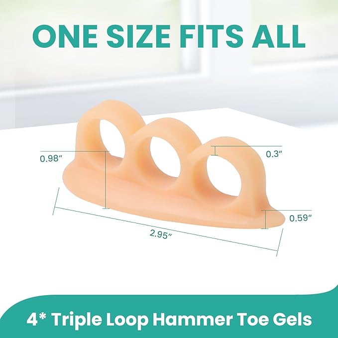 Welnove Hammer Toe Crests Straightener 4 Pcs Gel Toe Support Pads Cushion Relief for Overlapping-Curled-Hammer-Claw Toes, 3 Loop Design, Beige