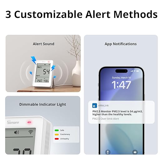 SONOFF Smart Indoor Air Quality Monitor with PM2.5, PM10, Temperature & Humidity Sensor, Real-Time Display & Alarm, Matter-Compatible, 2.4GHz WiFi, 3.73-inch Screen, for Bedroom, Nusery Room