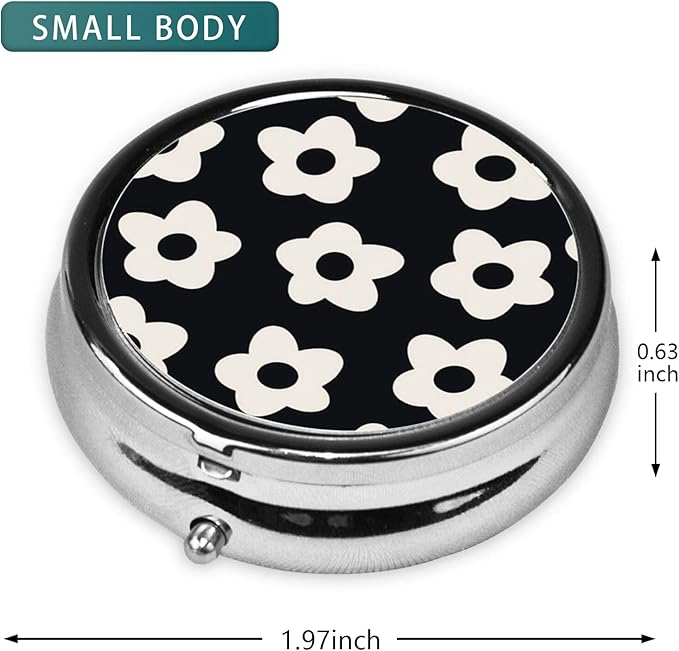 Pill Box 3 Compartment Pocket Cute Small Pill Organizer Mini Metal Pill Holder Travel Portable for Woman Old People and Children - White Flower