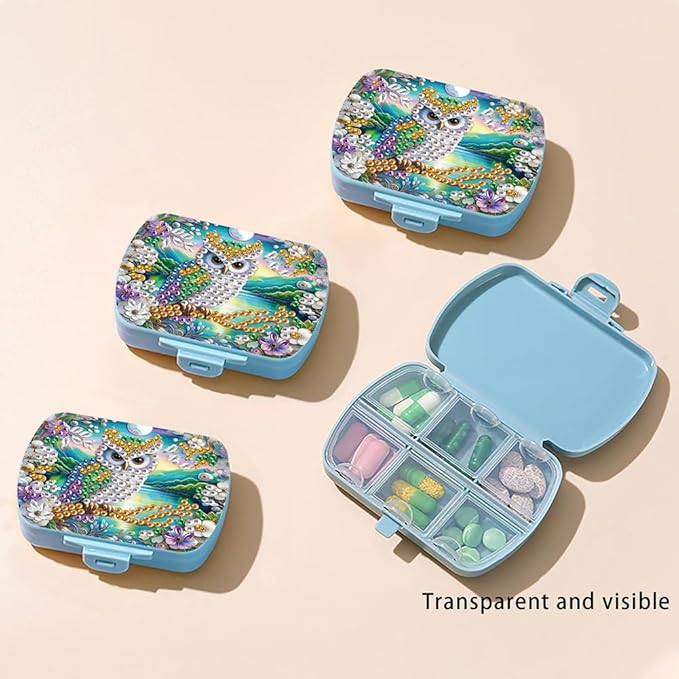 C'eitura DIY Owl Diamond Art Painting Blue Pill Organizer with 6 Lid Detachable Compartments, Fun DIY Craft Project for Adults, Elegant Pill Case for Purse & Travel