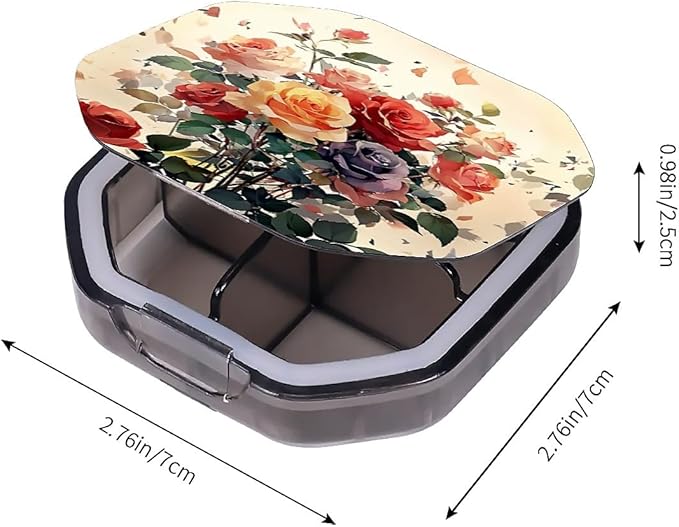 This Portable Watercolor Rose Pattern 4-Compartment Pillbox Can Be Placed in A Pocket Or Wallet to Store Vitamins, Medicines Fish Oil Health Supplements Other Medications.