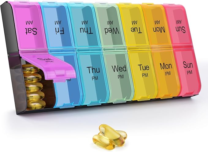 GREENCYCLE Extra Large Weekly Pill Organizer 2 Times A Day,7 Day Pill Box AM PM Medicine Planner Dispenser Case with XXL Compartment Home Pill Container for Vitamins Fish Oil Supplements (Rainbow)