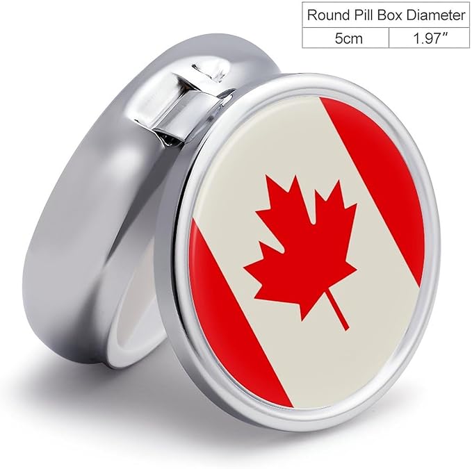Retro Canada Flag Pattern Pill Box Travel Pill Case for Purse Pocket Weekly Medicine Organizer with Mirror 3 Compartment Round Medicine Case Portable PillcaseHolder for Daily