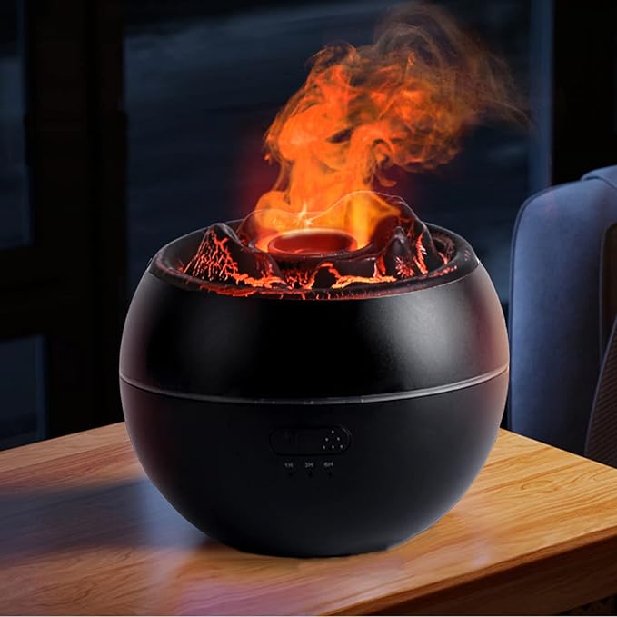 Essential Oil Diffuser, Volcano Fire Flame Aromatherapy Diffuser, 360ml Ultrasonic Cool Mist Humidifier, Scent Aroma Diffuser with 7 Colors Light, Timer & Auto Shut-Off for Home, Room (Black)