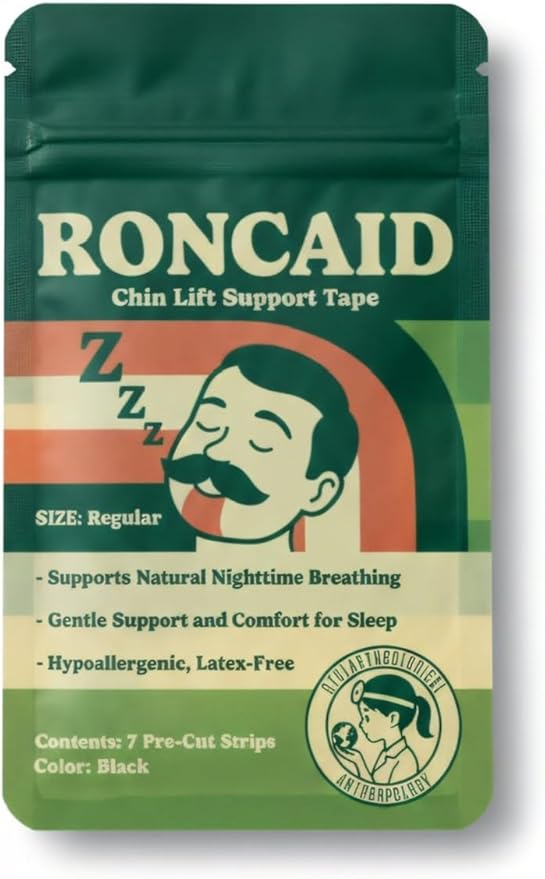 Roncaid Chin Lift Support Tape for Sleep - Black - 7 Pre-Cut Strips - Hypoallergenic, Latex-Free - Natural Nighttime Breathing Support (Small)