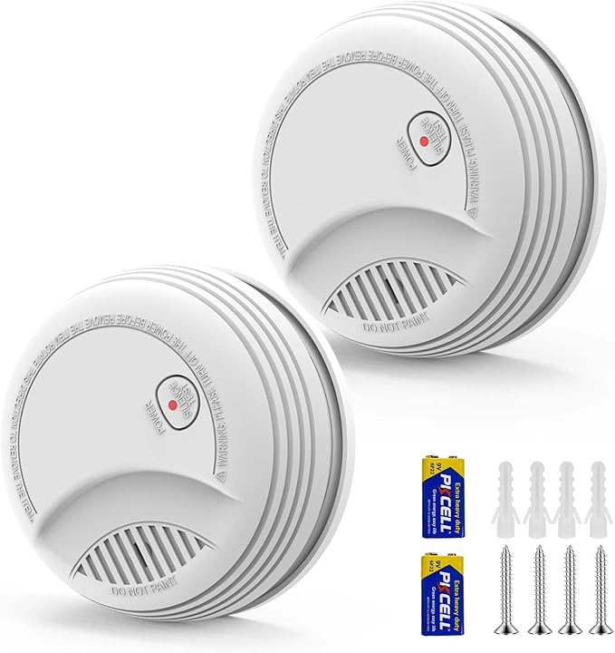 2 Pack Photoelectric Smoke Detector with 9V Battery Included Smoke Alarm, 10-Year Sensor, Test/Silence Button, Low Battery Warning, Easy Mount, Fire Alarm for Home Bedroom Living Room