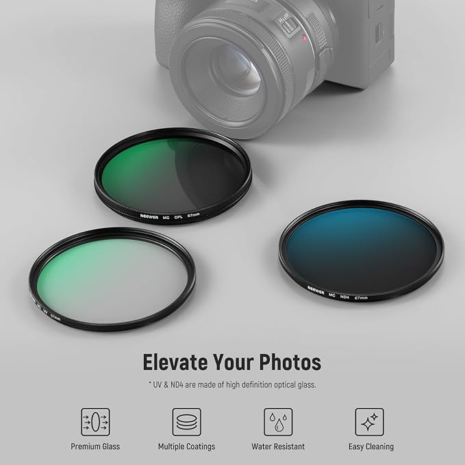 NEEWER 67mm UV/CPL/ND Lens Filter Kit with Hard Shell Storage Case, Multicoated Optical Glass & Aluminum Alloy Frame, UV + Circular Polarizer (CPL) + Neutral Density (ND4) Filter for 67mm Camera Lens