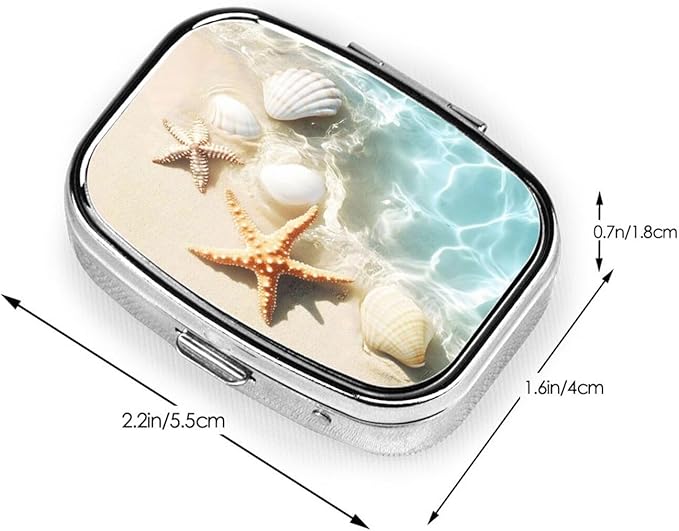 Starfish Beach Seashells Pill Box with Mirror 2 Compartment Metal Square Small Pill Case for Purse or Pocket Portable Pill Container Holder Travel Medicine Organizer for Vitamin Fish Oil Supplement
