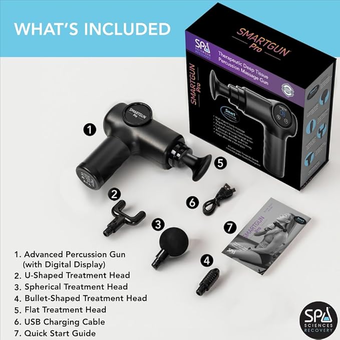 SPA SCIENCES - SmartGun Pro – Therapeutic Deep Tissue Percussion Massager – for Muscle Soreness – with Interchangeable Heads and 8 Intensity Levels – USB Rechargeable – Black