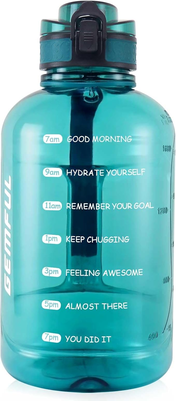 GEMFUL 64oz Motivational Water Bottle with Handle 2L Large Sports Jug for Gym Fitness Time Marker No Straw Leak Proof BPA Free (Cyan)