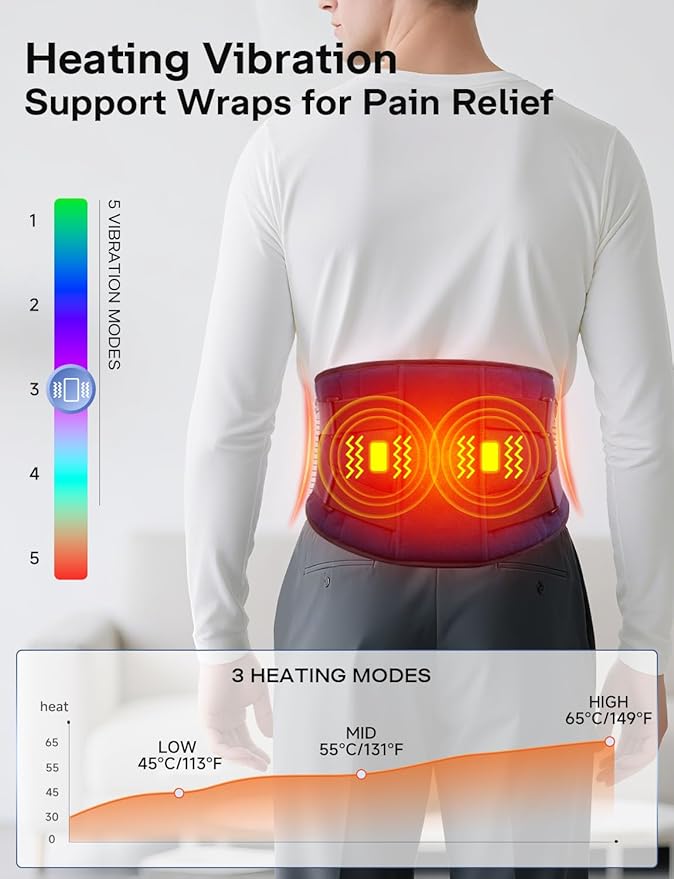 Cordless Heating Pad with Massager for Back Pain Relief, Gift for Women Men Mother Father, 47-60" Portable Lower Back Massager, Wearable Wireless Heating Pad for Cramps with 3 Heat&Timer, 5 Vibration