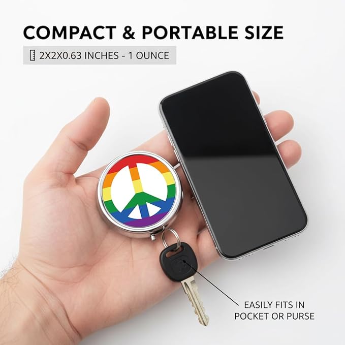 LGBTQ Peace Pill Box 3 Compartment Small Pill Case,Portable for Pocket or Purse Pill Organizer Pill Container Holder with Mirror to Hold Vitamins, Medication, Fish Oil and Supplements