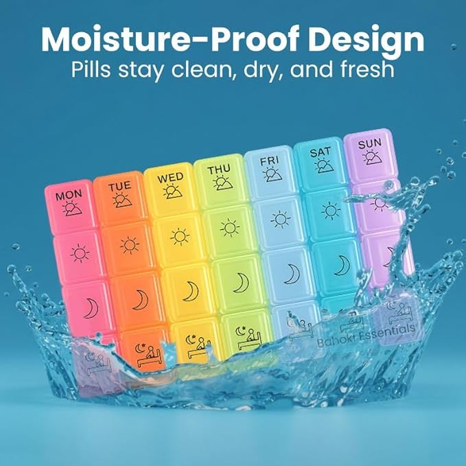 BaHoki Essentials Weekly Pill Organizer - Portable 7-Day Pill Box with 3 Times Per Day Compartments