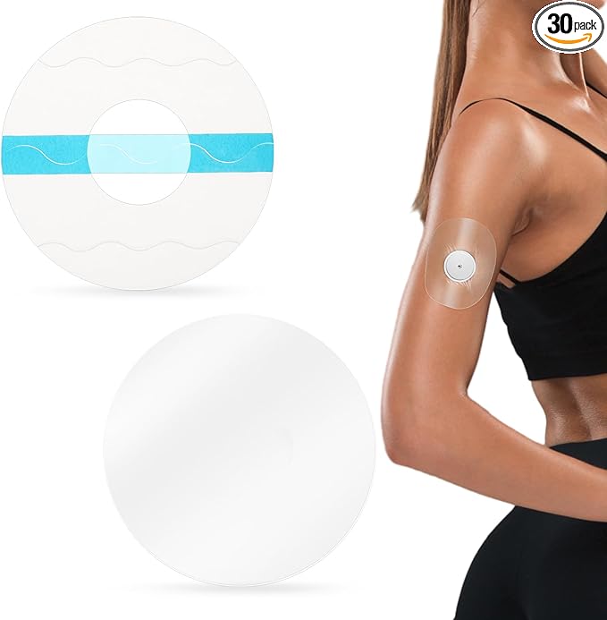 30 Pack Latex-Free Glucose Sensor Covers Medical Adhesive Patches for Precut CGM Tape with No Glue on The Center Waterproof and Strong Stick for Long Stay