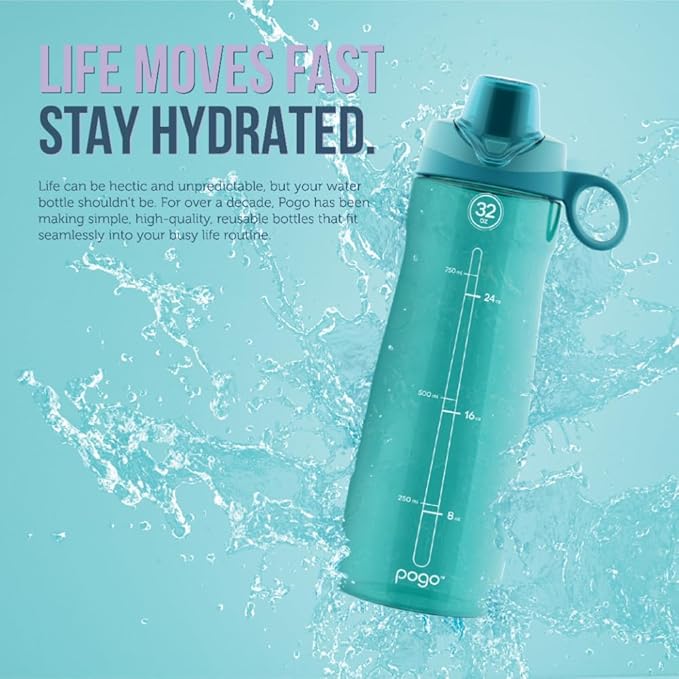Pogo Plastic Water Bottle with Straw Lid and Carry Handle, Reusable, BPA Free, Dishwasher Safe, Perfect for Travel, School, Outdoors, and Gym | 32oz, 40oz