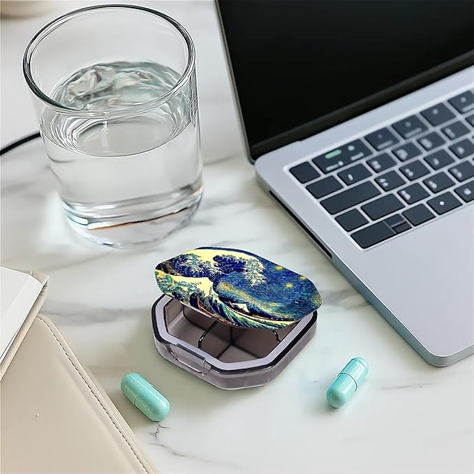 This Portable Starry Wave Pattern 4-Compartment Pillbox Can Be Placed in A Pocket Or Wallet to Store Vitamins, Medicines Fish Oil Health Supplements Other Medications.