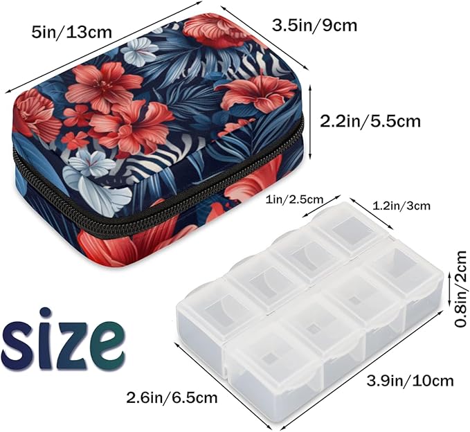 Zebra Fuchsia Flower Pattern Pill Case Bag with Zipper Small Travel Pill Box with 7 Day Removable Plastic Medicine Organizer Portable Weekly Pill Container Bag for Medicine, Vitamin, Supplement