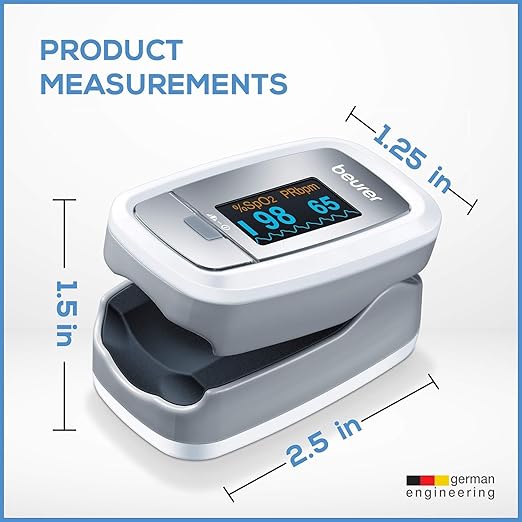 Beurer PO30 Fingertip Pulse Oximeter, Pain Free Blood Oxygen Saturation & Heart Rate Monitor with 4 Display Options, Lanyard, Storage Bag & Batteries Included
