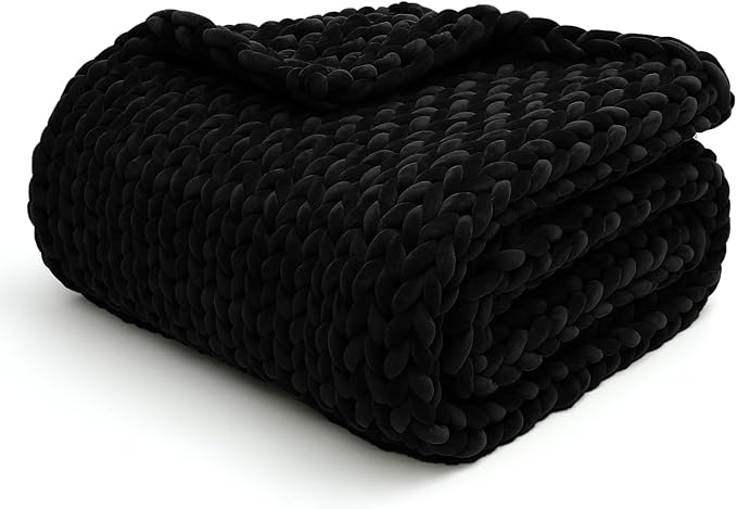 YnM Velvet Weighted Blanket, Handmade Chunky Knitted Design, Soft and Cozy, Temperature Regulating and Breathable, Machine Washable Throw for Sleep or Home Decor (Black, 85x103 Inch, 30lbs)