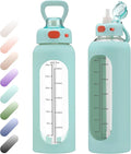 SIEROZUR 32 oz Glass Water Bottle with Straw and Handle 1 Liter Glass Water Bottle with Silicone Sleeve and Time Marker Sports Water Jug Wide Mouth for Travel Gym
