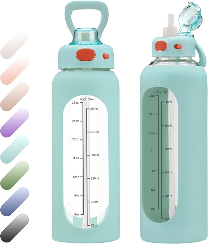 SIEROZUR 32 oz Glass Water Bottle with Straw and Handle 1 Liter Glass Water Bottle with Silicone Sleeve and Time Marker Sports Water Jug Wide Mouth for Travel Gym