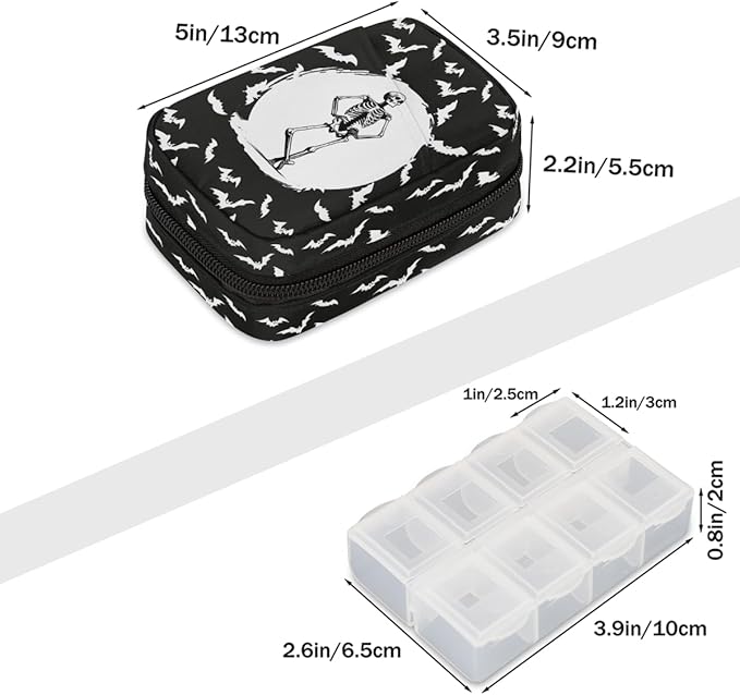 Skull Bat Animal Pill Case Travel Pill Organizer Weekly 7 Day Portable with Zipper Medicine Box Pill Case for Vitamins, Birth Control,Fish Oils,Medication, Supplements