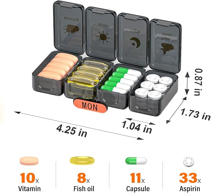 Weekly Pill Organizer 4 Times a Day, Large Compartments Pill Box 4X 7 Day, Medicine Organizer Pill Case for Pills/Vitamins/Fish Oils/Medication/Supplements (4x7 Black)