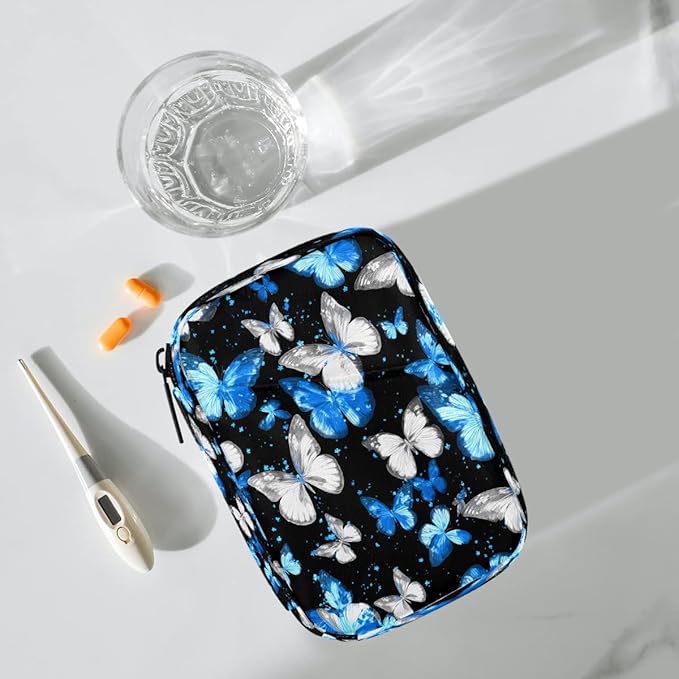 Beautiful Blue Butterflies Pill Case Travel Pill Organizer Weekly 7 Day Portable with Zipper Medicine Box Pill Case for Vitamins, Birth Control,Fish Oils,Medication, Supplements
