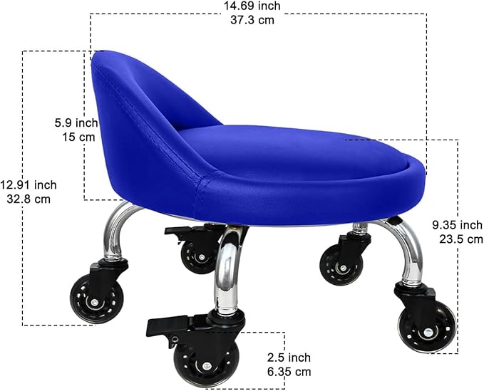Rolling Stool with Backrest VAPAA TAIDE 450 Lbs High Weight Capacity PU Leather Roller Seat and Heavy-Duty Crystal Universal Wheels for Men Women Boy Girl Furniture Gift, Home Office Blue