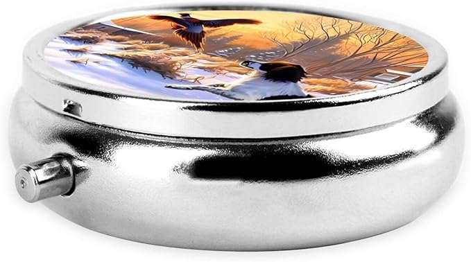 Dog Catching Pheasant Printed Round Travel Pill Box Cute Small Metal Pocket Pill Case for Men & Women 3 Compartment Portable Pill Organizer for Purse or Pocket