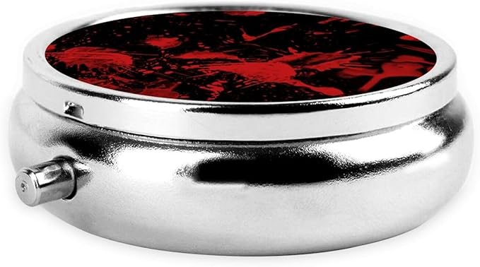 Round Pill Case Pill Box with Mirror Silver Pocket 3 Compartment Medicine Case Vitamin Pill Organizer for Pocket Purse and Travel Gifts, Classic Horror Blood Splatter Black Red