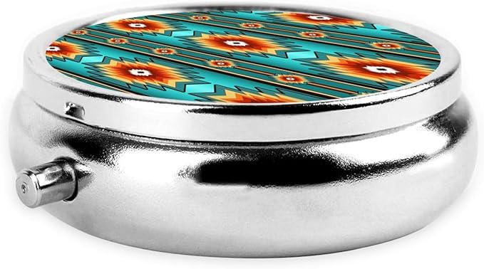Pill Box Three-Compartment Medicine Pill Case, Portable Medicine Tablet Holder Organizer for Purse Pocket Travel Gift, Ethnic Aztec Turquoise Geometric Indiana Western Southwest Pattern