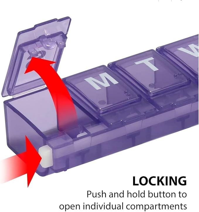 EZY DOSE Weekly (7-Day) Pill Organizer, Medicine Case, Vitamin Planner Box, Small Locking Compartments Secure Prescription Medication and Prevent Spilling, Colors May Vary (Small Locking - 2 Pack)