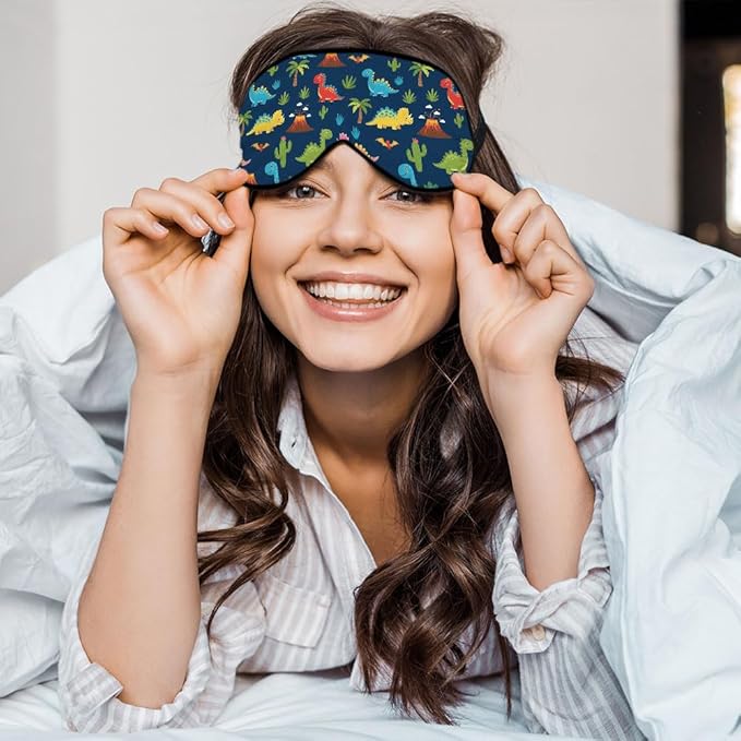 Cute Dinosaurs Sleep Eye Mask Children Print Palm Tree Animal Green Blue Red Silk Eye Mask Sleeping Soft Eye Shade Cover for Men Boy Girl Airplane Travel with Elastic Strap