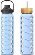 MUKOKO Glass Water Bottles,32oz Glass Tumbler with Straw,Drinking Bottles with 2 Lids-Handle Spout Lid&Bamboo Straw Lid,Motivational Water Bottle with Time Marker and Silicone Sleeve,1 Pack-Glacier