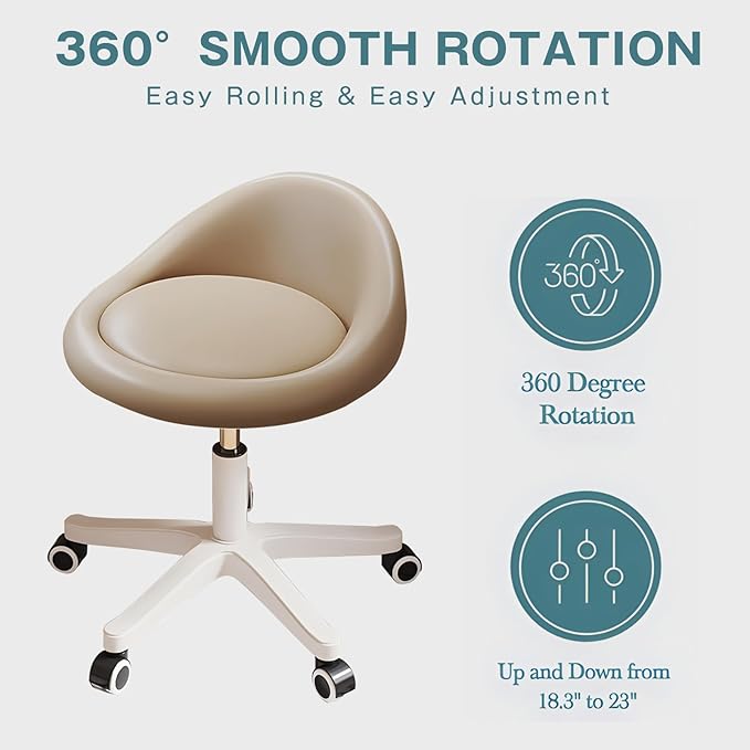 Rolling Stool Chair with Backrest, Round PU Leather Adjustable Height Hydraulic Swivel Rolling Stool for Spa Salon Tattoo Massage Doctor Dental Medical Office Khaki