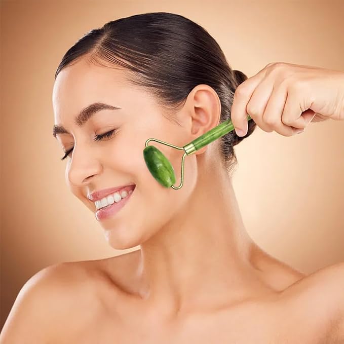 4-PCS Gua Sha Set, Skin Care Roller, Jade Roller Set, Face Stone Facial Roller Massage Tool for Face Eyes Neck Body, Smooth Wrinkles & Eye Puffiness(Green)