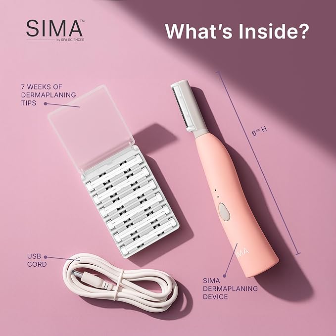SPA SCIENCES - SIMA Patented Dermaplane Razor for Women Face – Painless 2-in-1 Facial Exfoliation & Peach Fuzz Hair Removal – Anti-Aging – 3 Speeds – Rechargeable – 7 Weeks Treatment