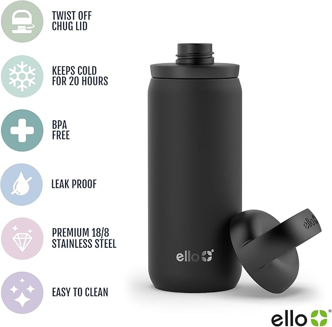 Ello Cooper Twist 18oz Kids Stainless Steel Water Bottle with Chug Lid | Leak Proof Double Walled and Vacuum Insulated | Fits Car Cupholder | Built in Carry Loop | Dishwasher Safe | Yucca